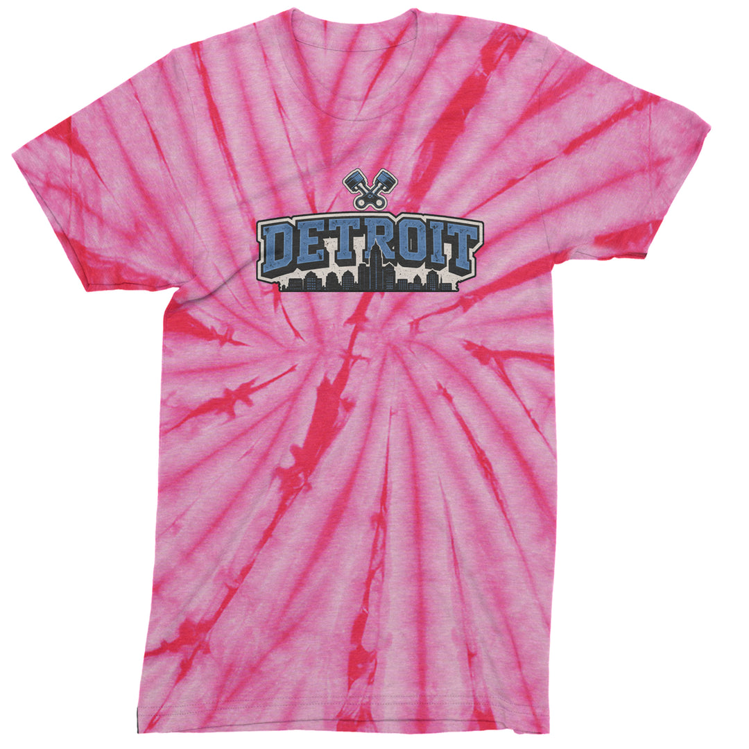 Detroit Motor City Retro Piston Mens T-shirt Tie-Dye Spider Pink