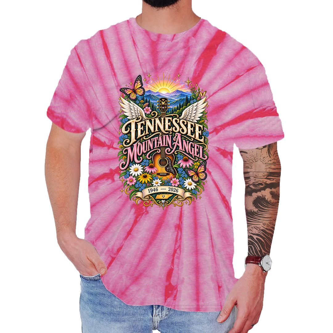 Tennessee Mountain Angel Wings Dolly Mens T-shirt Tie-Dye Spider Pink