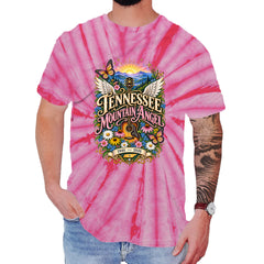 Tennessee Mountain Angel Wings Dolly Mens T-shirt Tie-Dye Spider Pink