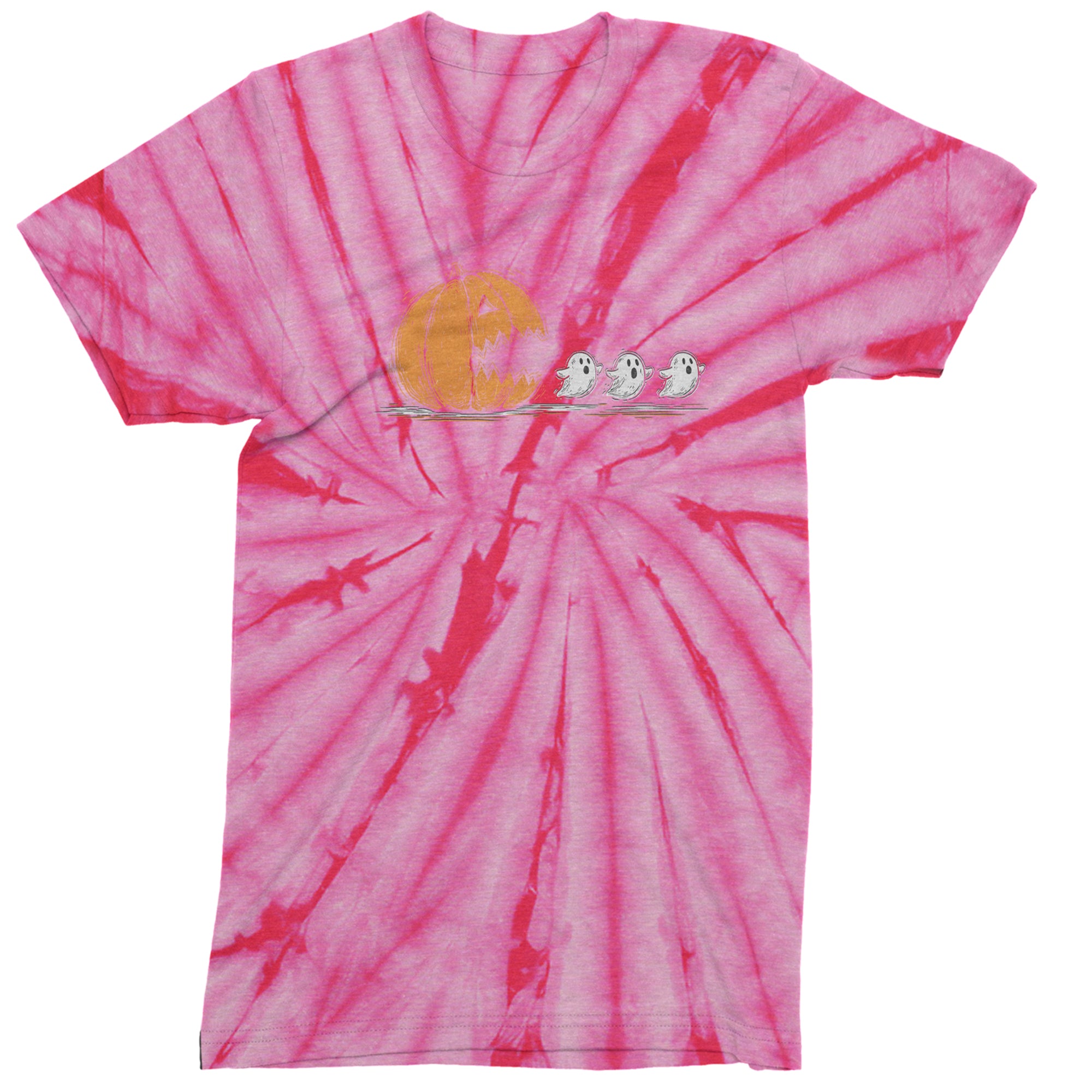 Pumpkin Pacman Chasing Ghosts Halloween Mens T-shirt Tie-Dye Spider Pink