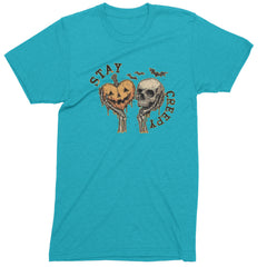 Stay Creepy Skull and Pumpkin Halloween Mens T-shirt Teal