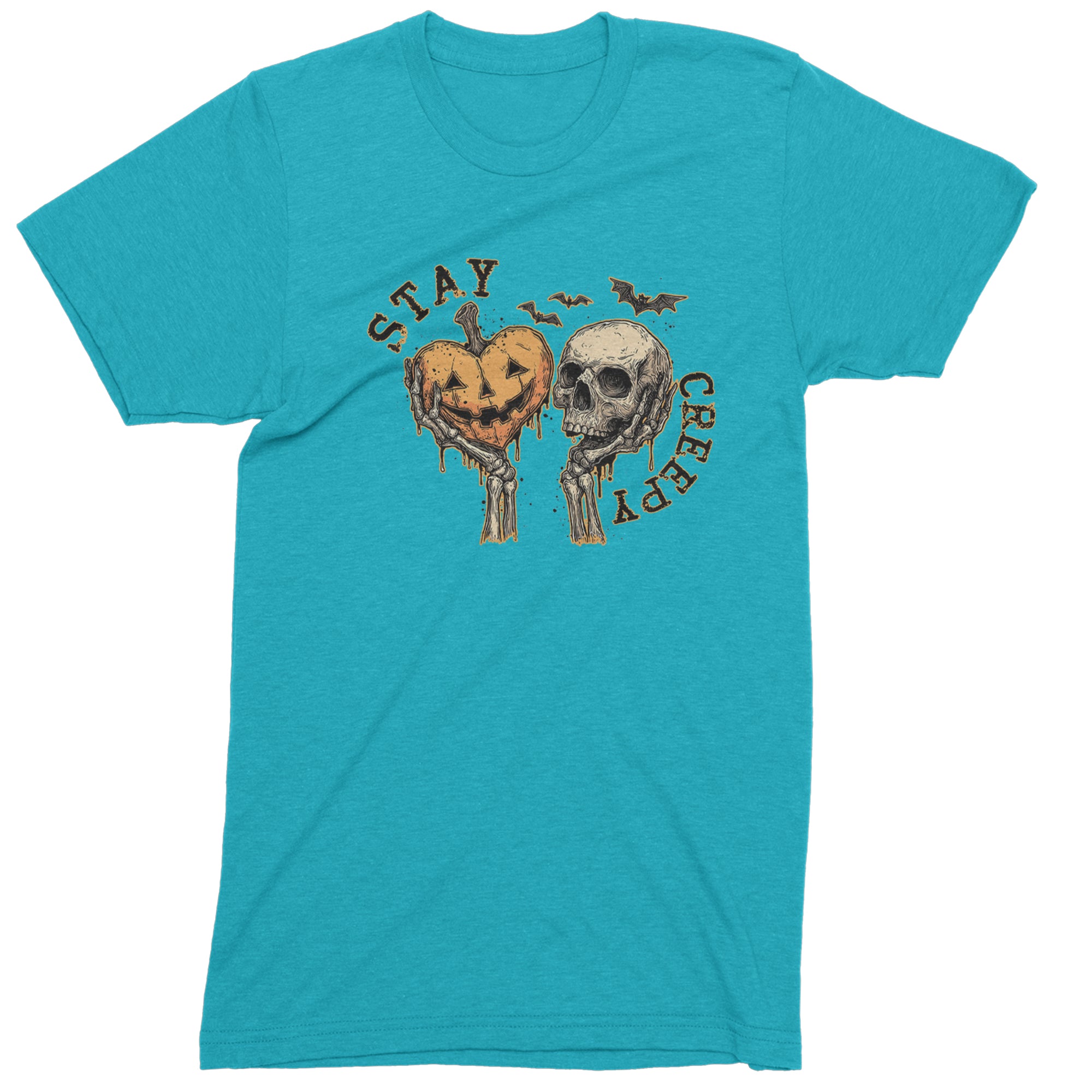 Stay Creepy Skull and Pumpkin Halloween Mens T-shirt Teal