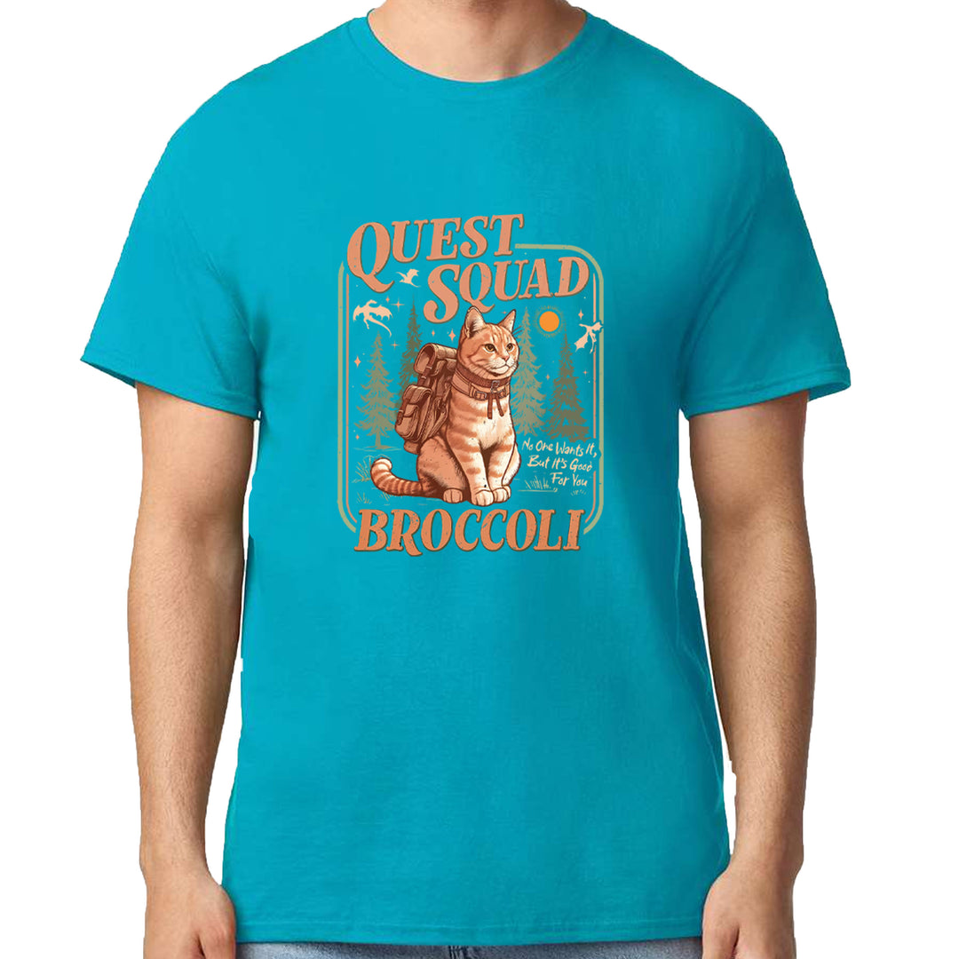 Quest Squad Broccoli Cat Fantasy Reader  Mens T-shirt Teal