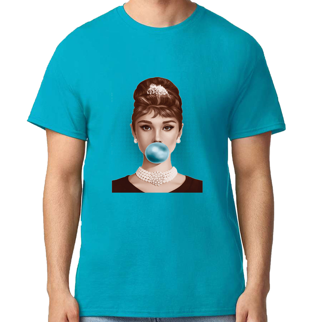 Audrey Hepburn Chewing Bubble Gum American Icon Mens T-shirt Teal