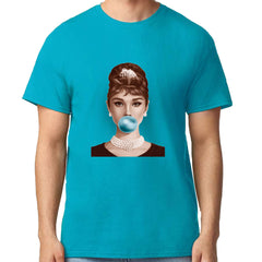 Audrey Hepburn Chewing Bubble Gum American Icon Mens T-shirt Teal