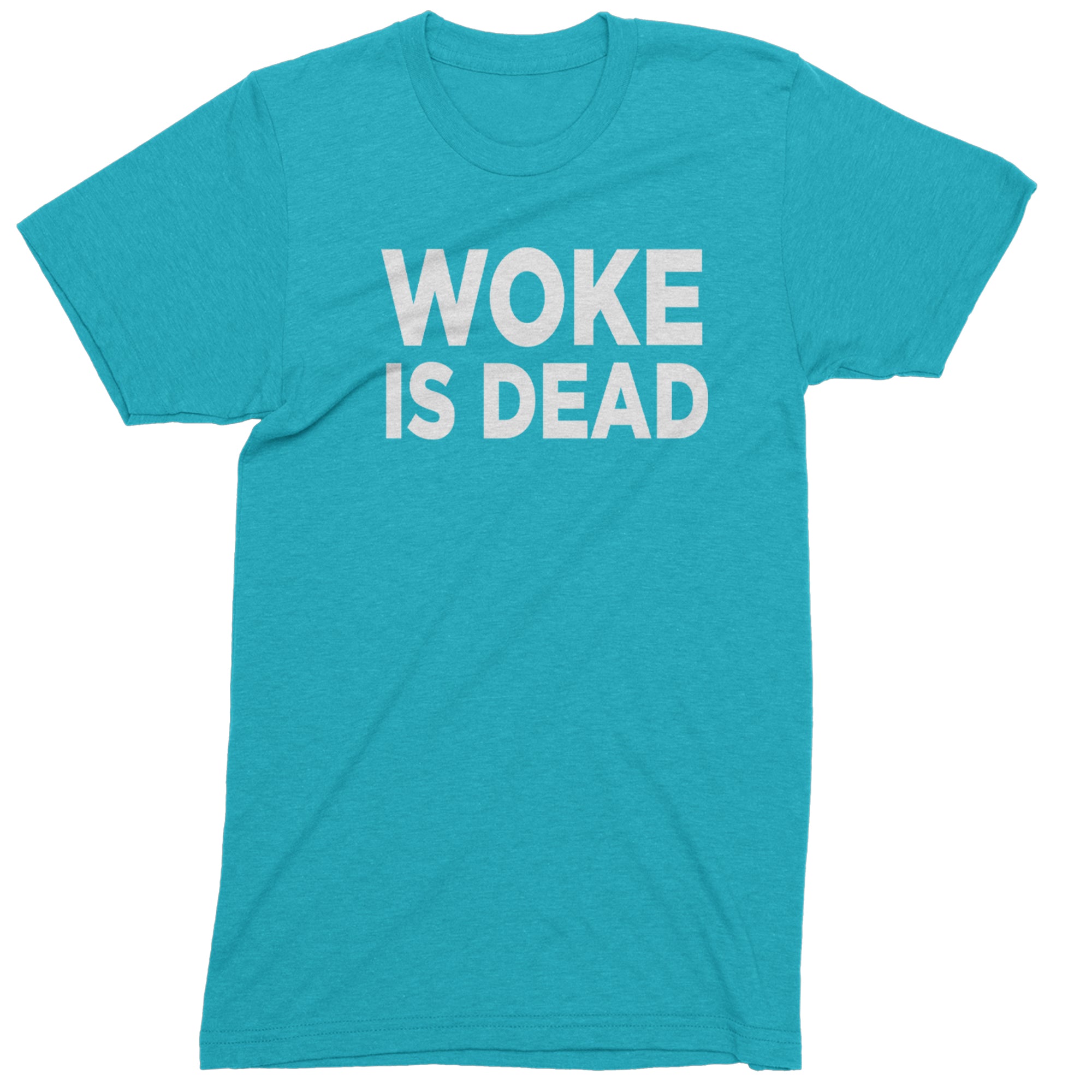 Woke Is Dead Satire Mens T-shirt Teal