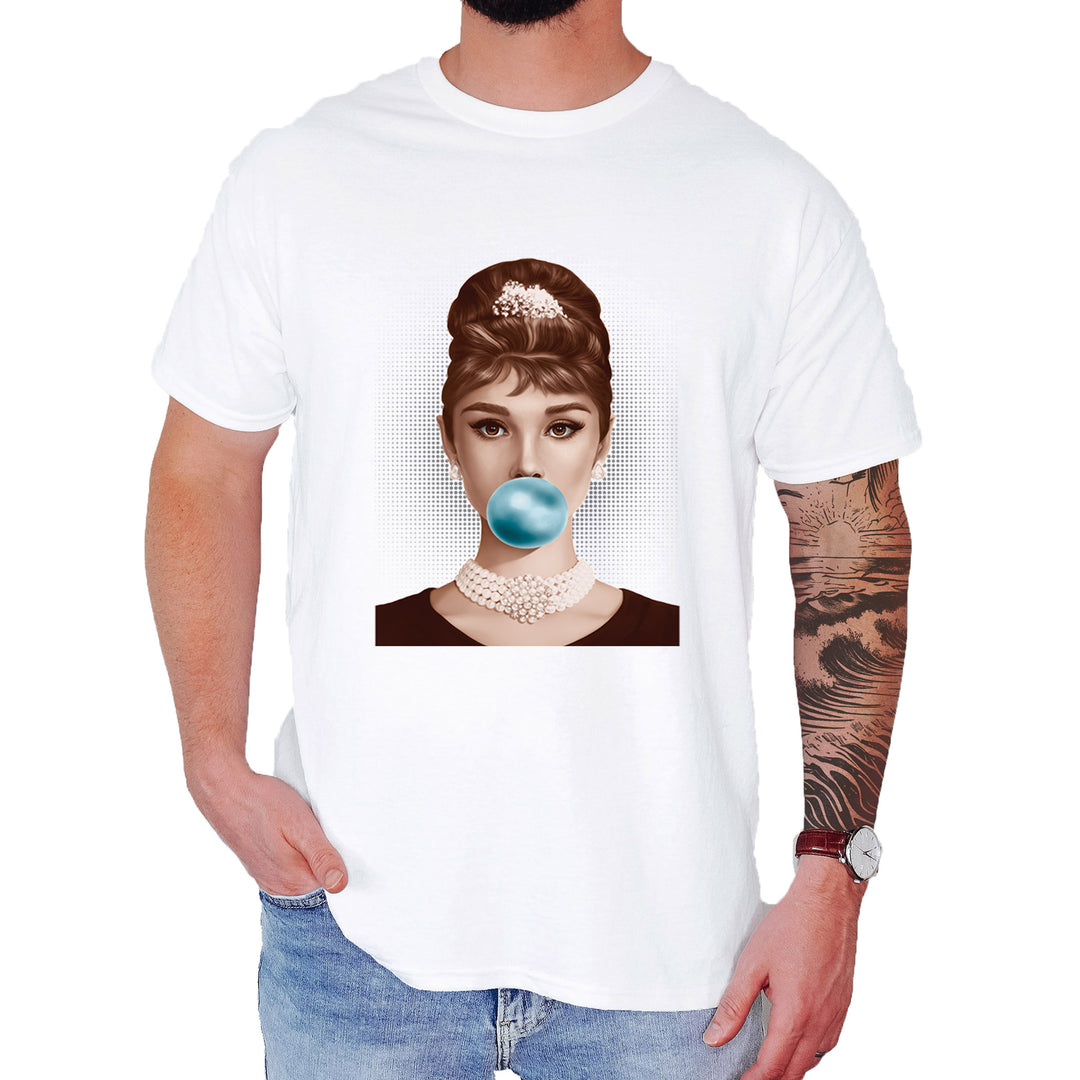 Audrey Hepburn Chewing Bubble Gum American Icon Mens T-shirt White