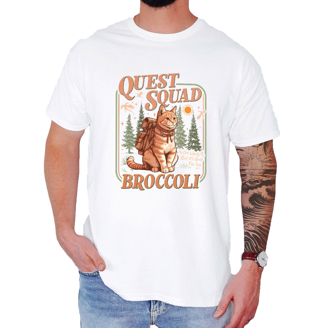 Quest Squad Broccoli Cat Fantasy Reader  Mens T-shirt White