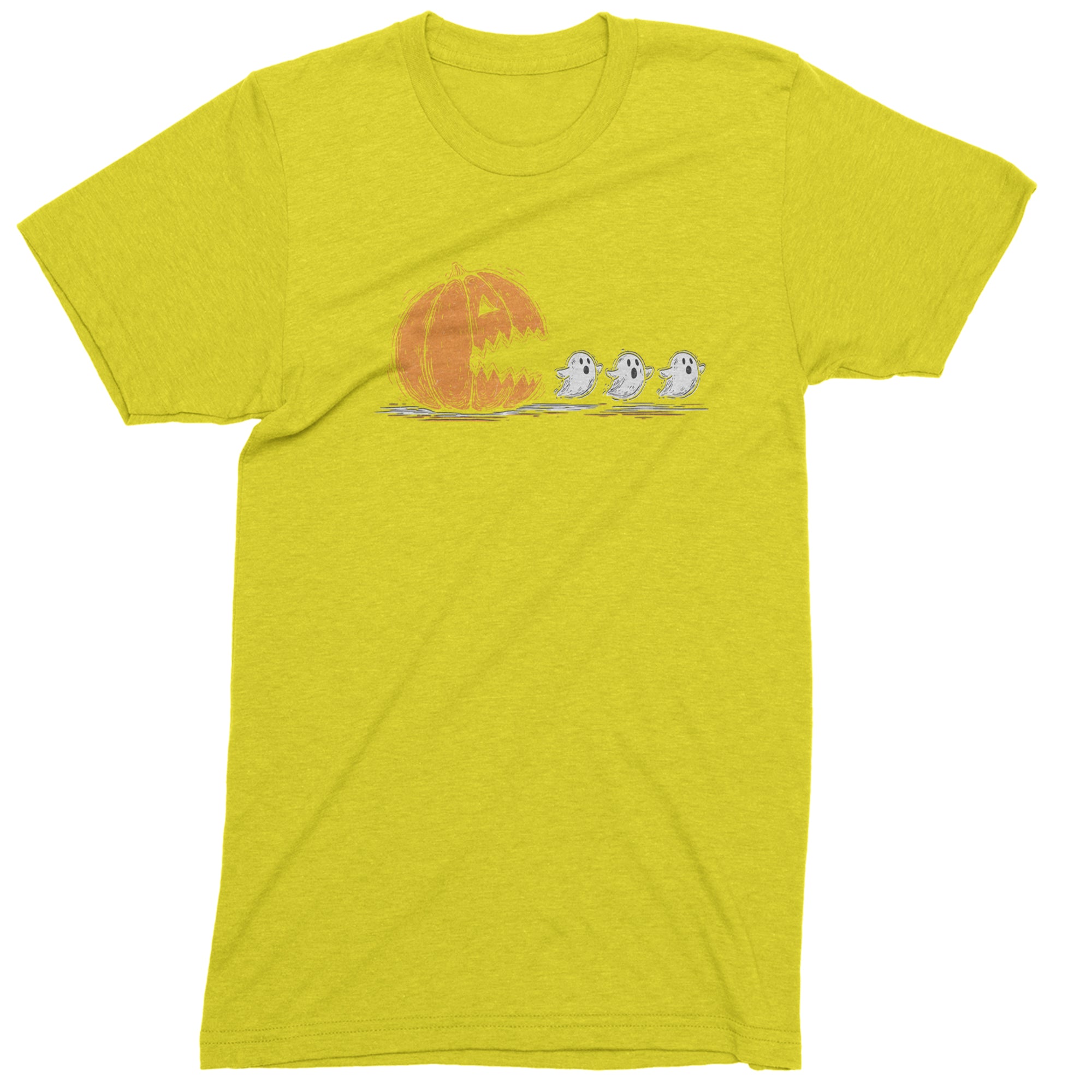 Pumpkin Pacman Chasing Ghosts Halloween Mens T-shirt Yellow