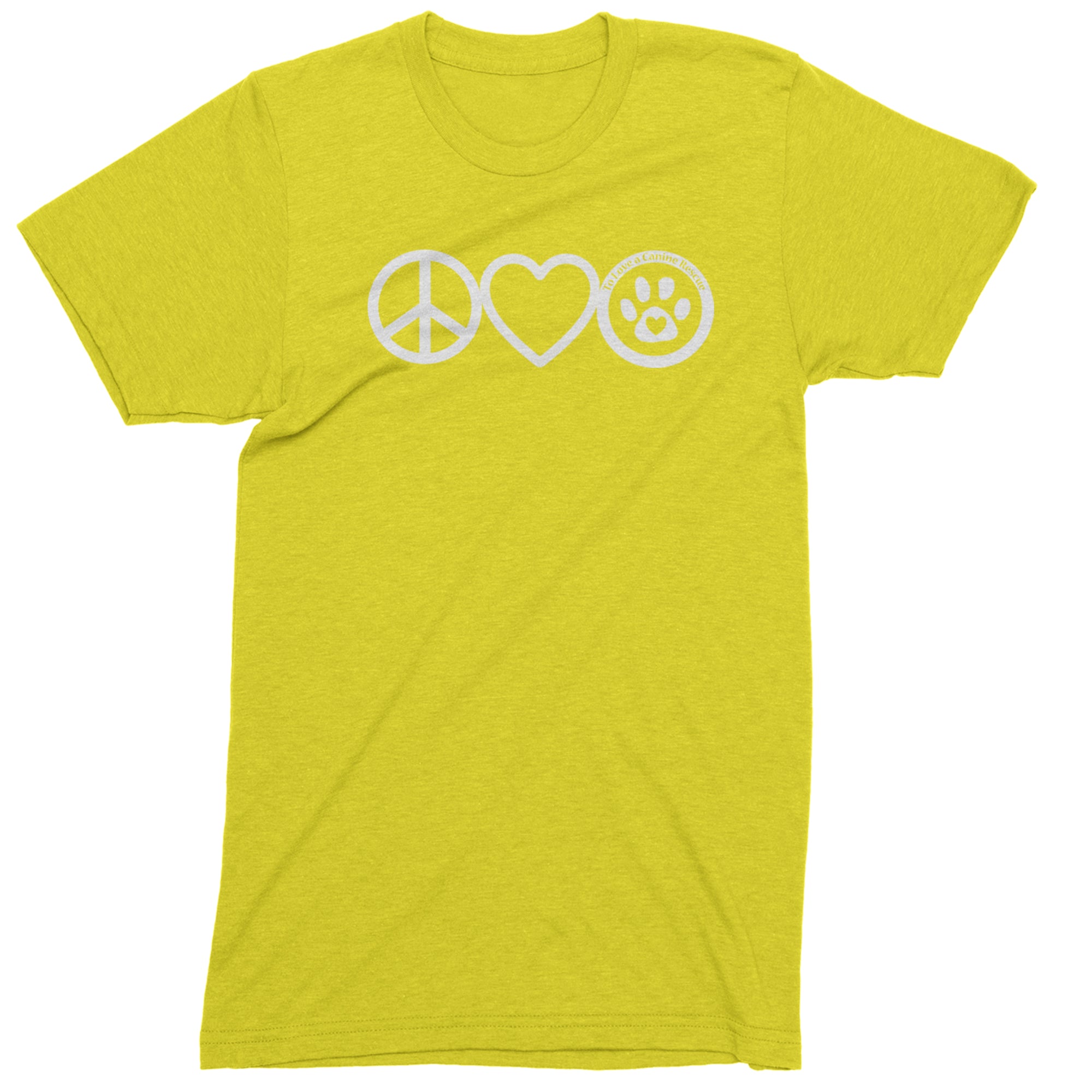Peace, Love and TLC Dog Rescue Mens T-shirt Yellow