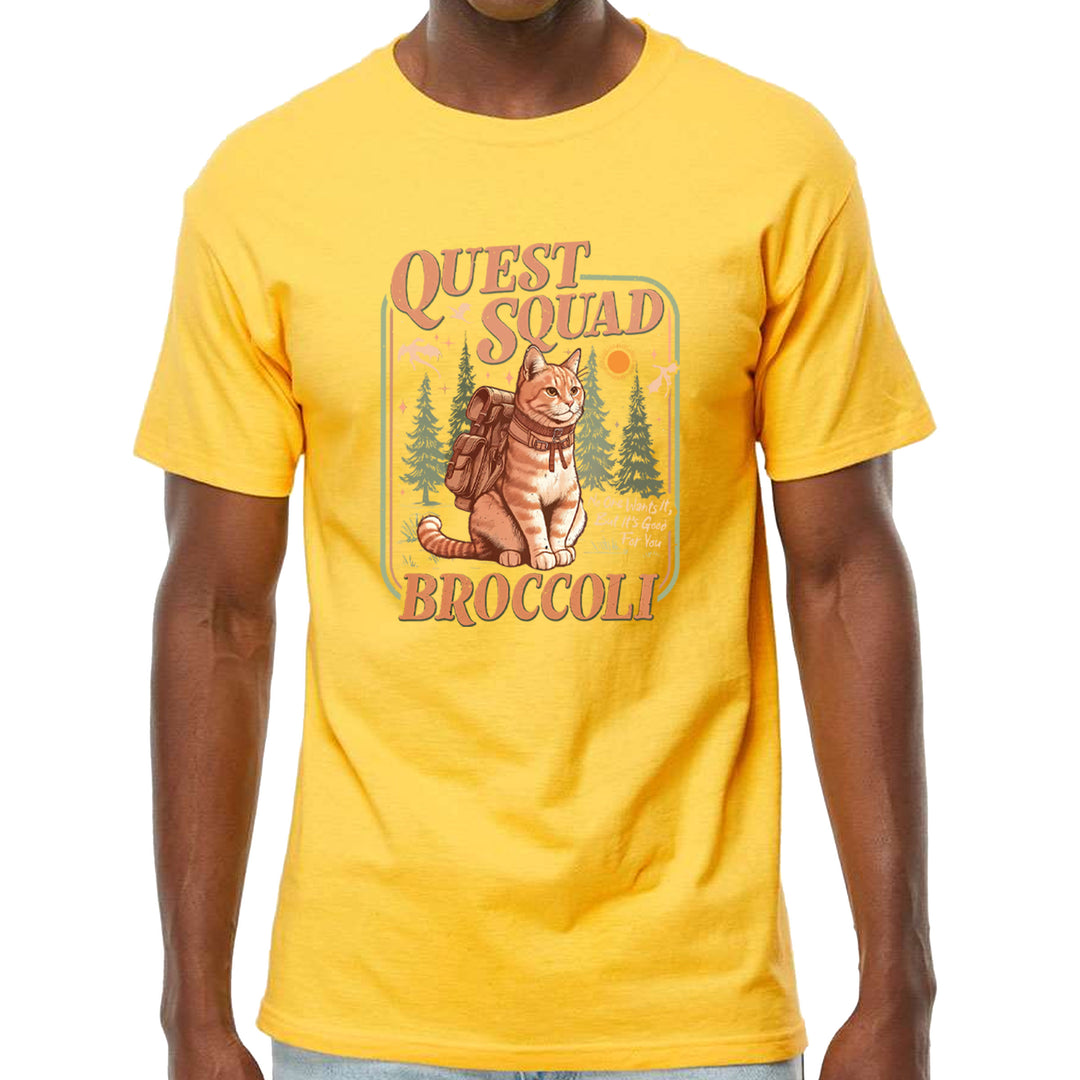 Quest Squad Broccoli Cat Fantasy Reader  Mens T-shirt Yellow