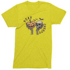 Stay Creepy Skull and Pumpkin Halloween Mens T-shirt Yellow