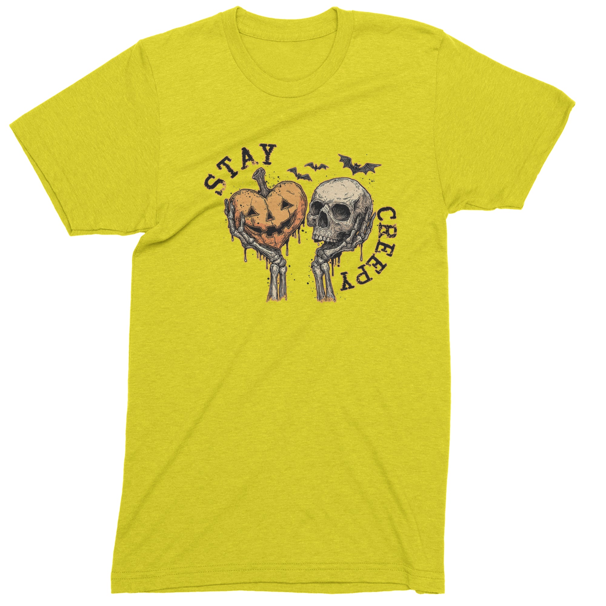 Stay Creepy Skull and Pumpkin Halloween Mens T-shirt Yellow