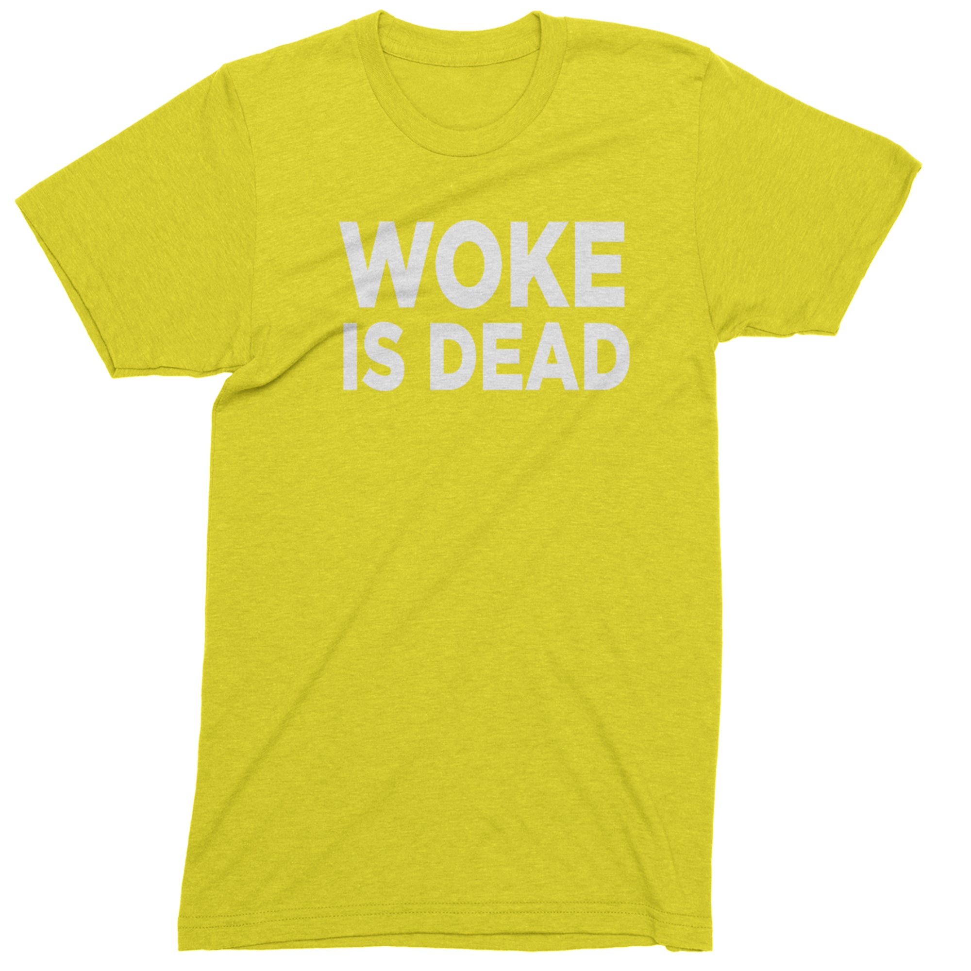 Woke Is Dead Satire Mens T-shirt Yellow
