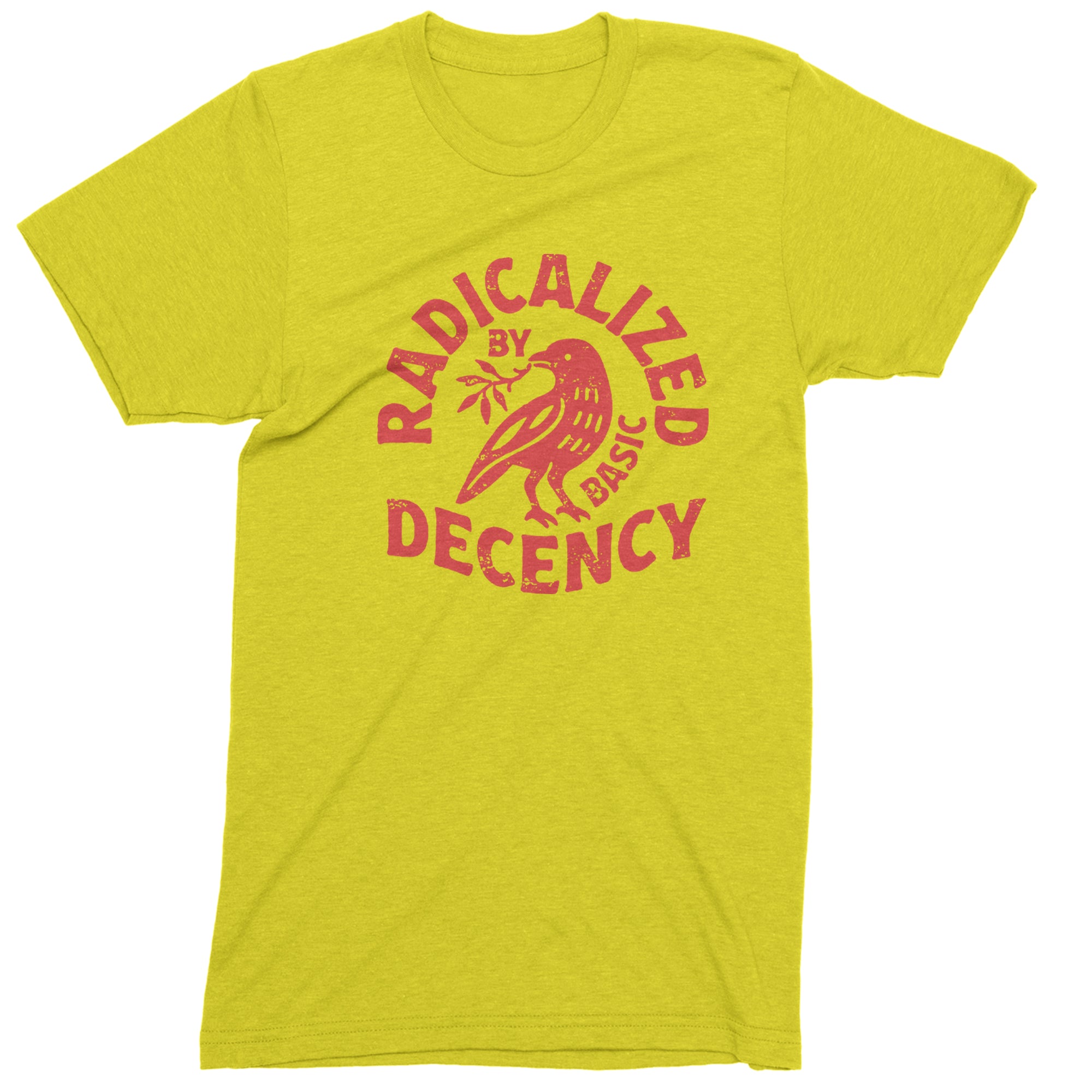 Radicalized by Basic Decency Dove Protest Statement Mens T-shirt Yellow