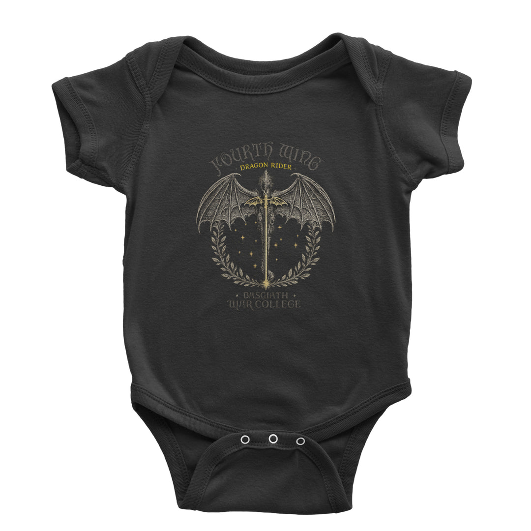 Vintage laurel-framed dragon with Fourth Wing Dragon Rider Basgiath War College text on infant bodysuit or toddler T-shirt
