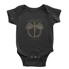 Vintage laurel-framed dragon with Fourth Wing Dragon Rider Basgiath War College text on infant bodysuit or toddler T-shirt
