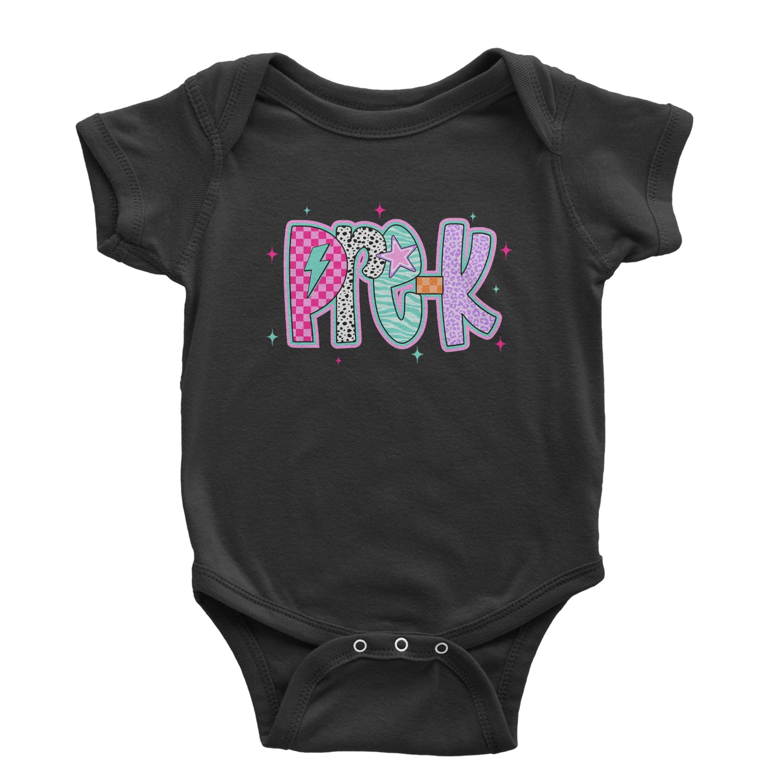 Pre-K Party Time Colorful Back to School Infant One-Piece Romper Bodysuit Or Toddler T-shirt Black