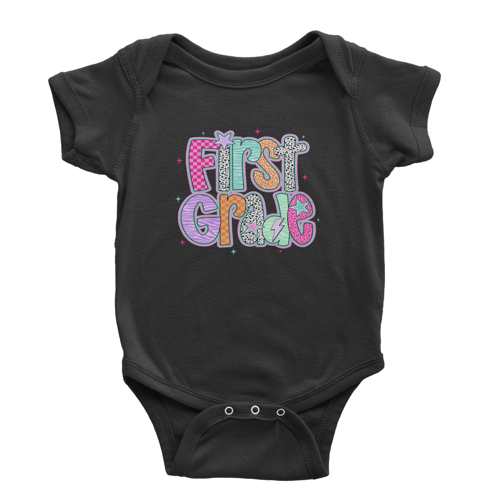 First Grade Vibes Colorful Back to School Infant One-Piece Romper Bodysuit Or Toddler T-shirt Black
