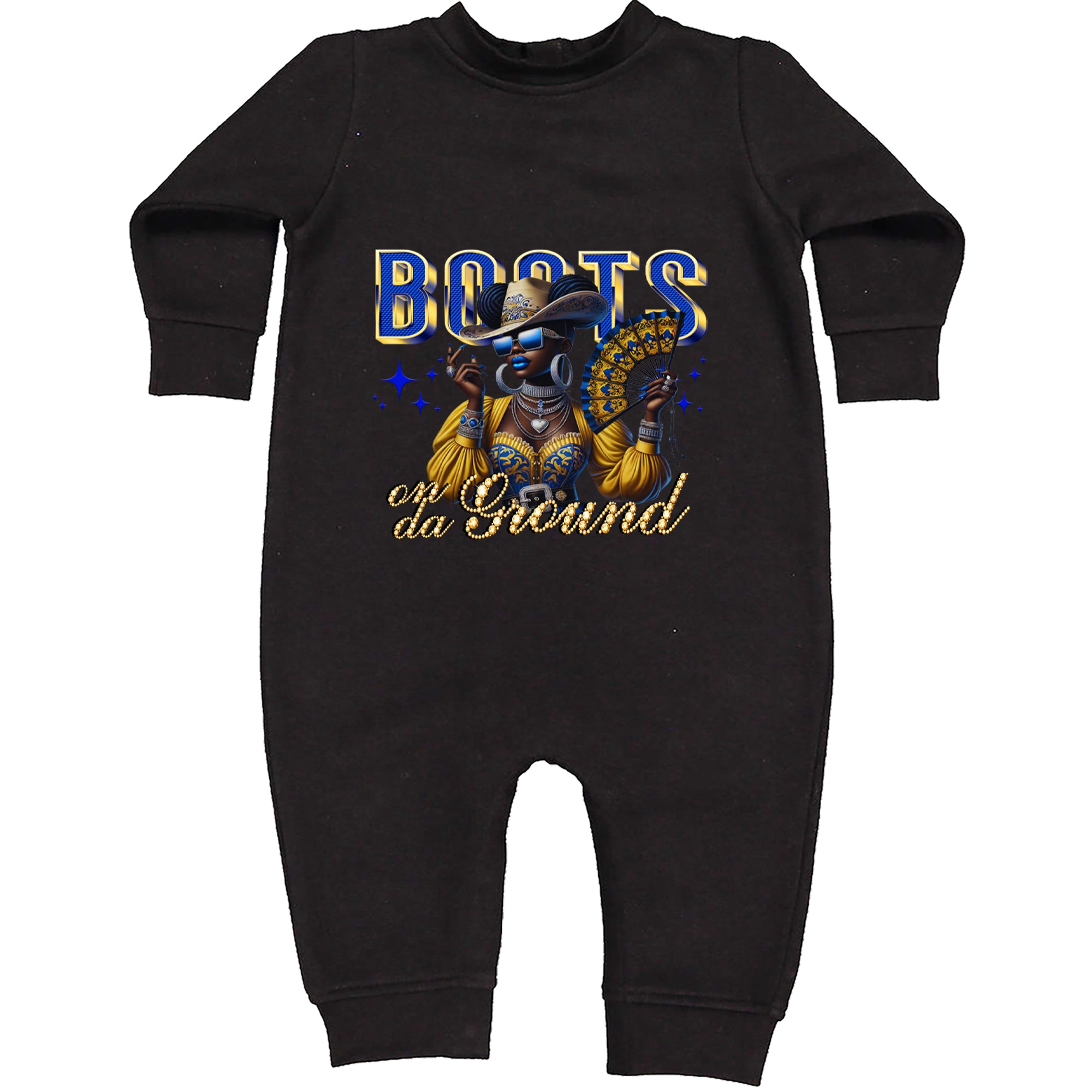 Boots On Da Ground Folding Fan Toddler Hoodie Or Infant Fleece Romper Black