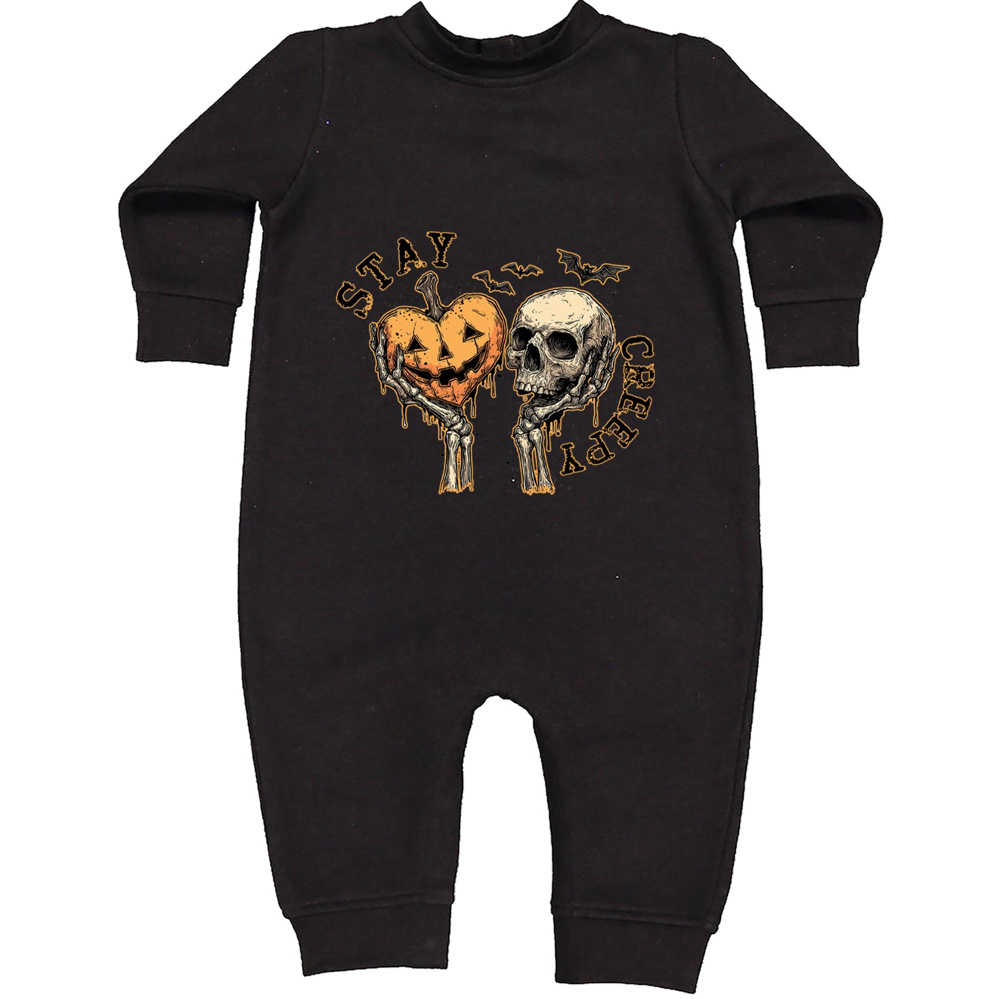 Stay Creepy Skull and Pumpkin Halloween Toddler Hoodie Or Infant Fleece Romper Black
