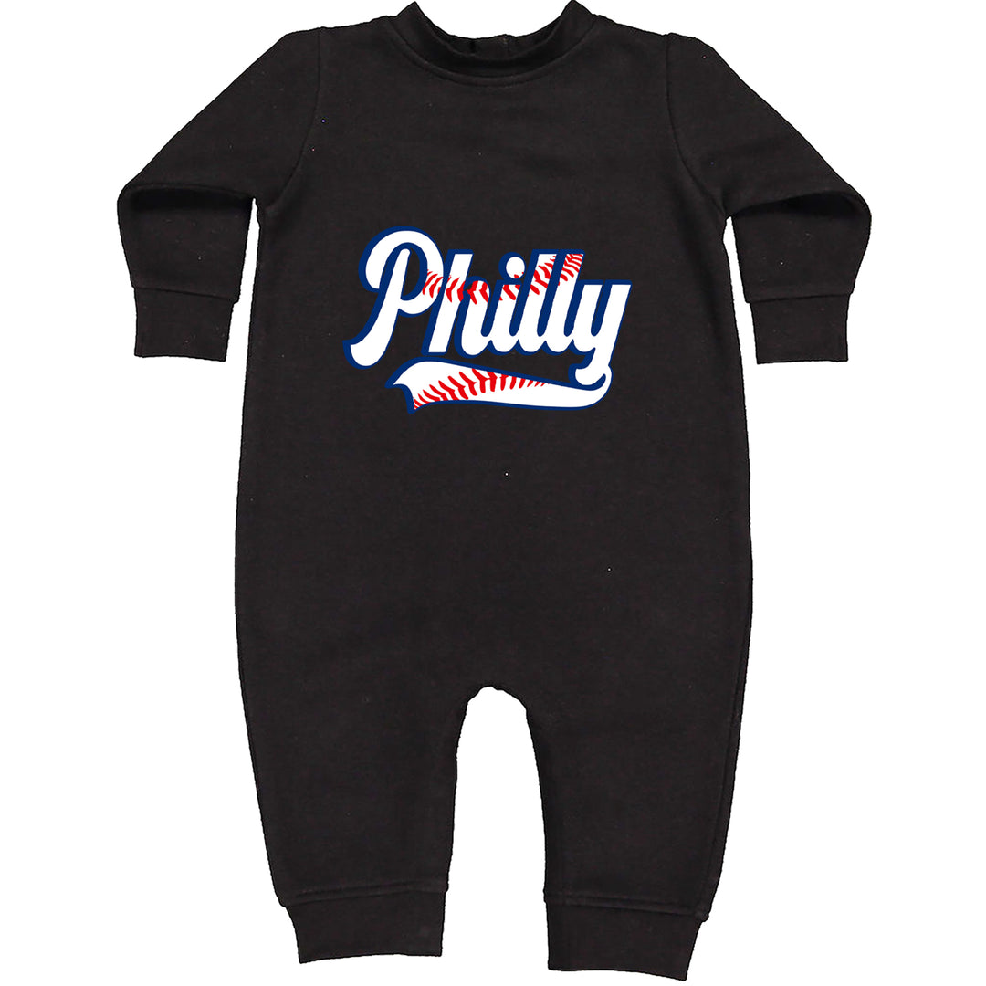 Philly Baseball Stitching graphic on Toddler Hoodie and Baby Fleece Onesie in Black