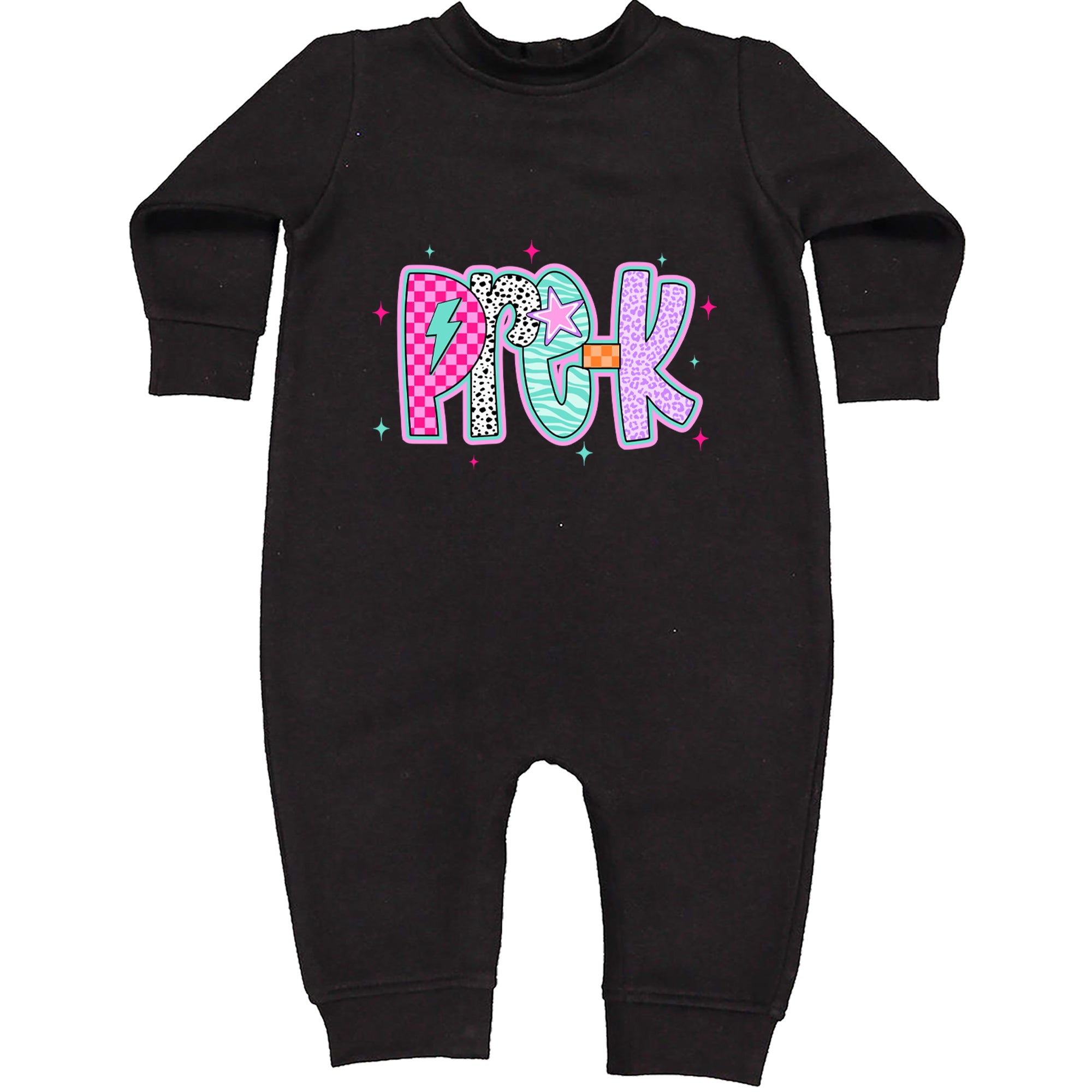 Pre-K Party Time Colorful Back to School Toddler Hoodie Or Infant Fleece Romper Black