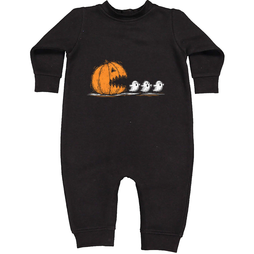 Pumpkin Pacman Chasing Ghosts Halloween Toddler Hoodie Or Infant Fleece Romper Black