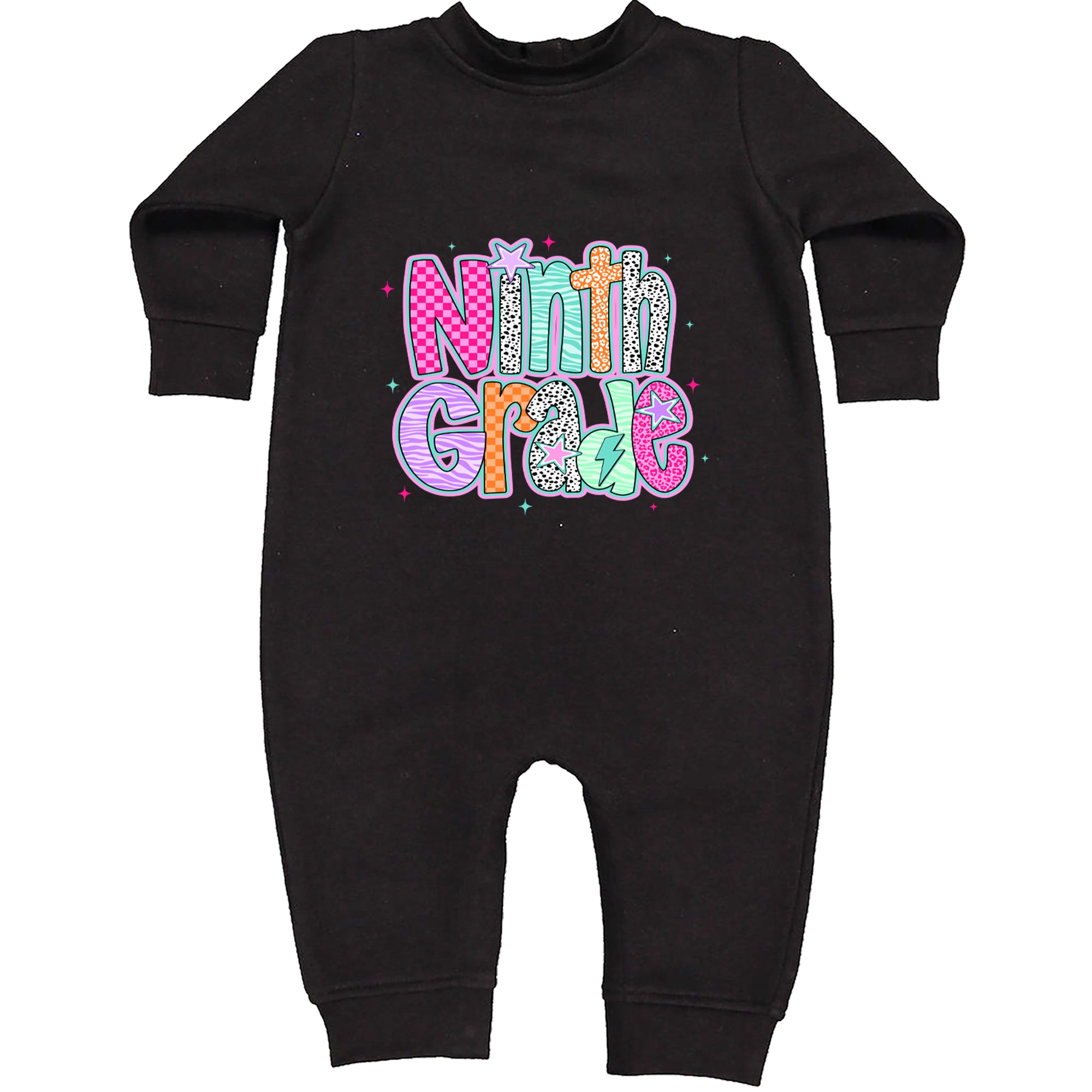 Ninth Grade Freshman Vibes Colorful Back to School Toddler Hoodie Or Infant Fleece Romper Black