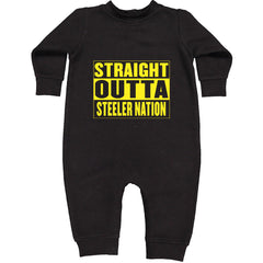 Straight Outta Steeler Nation Football graphic on Toddler Hoodie and Baby Fleece Onesie in Black