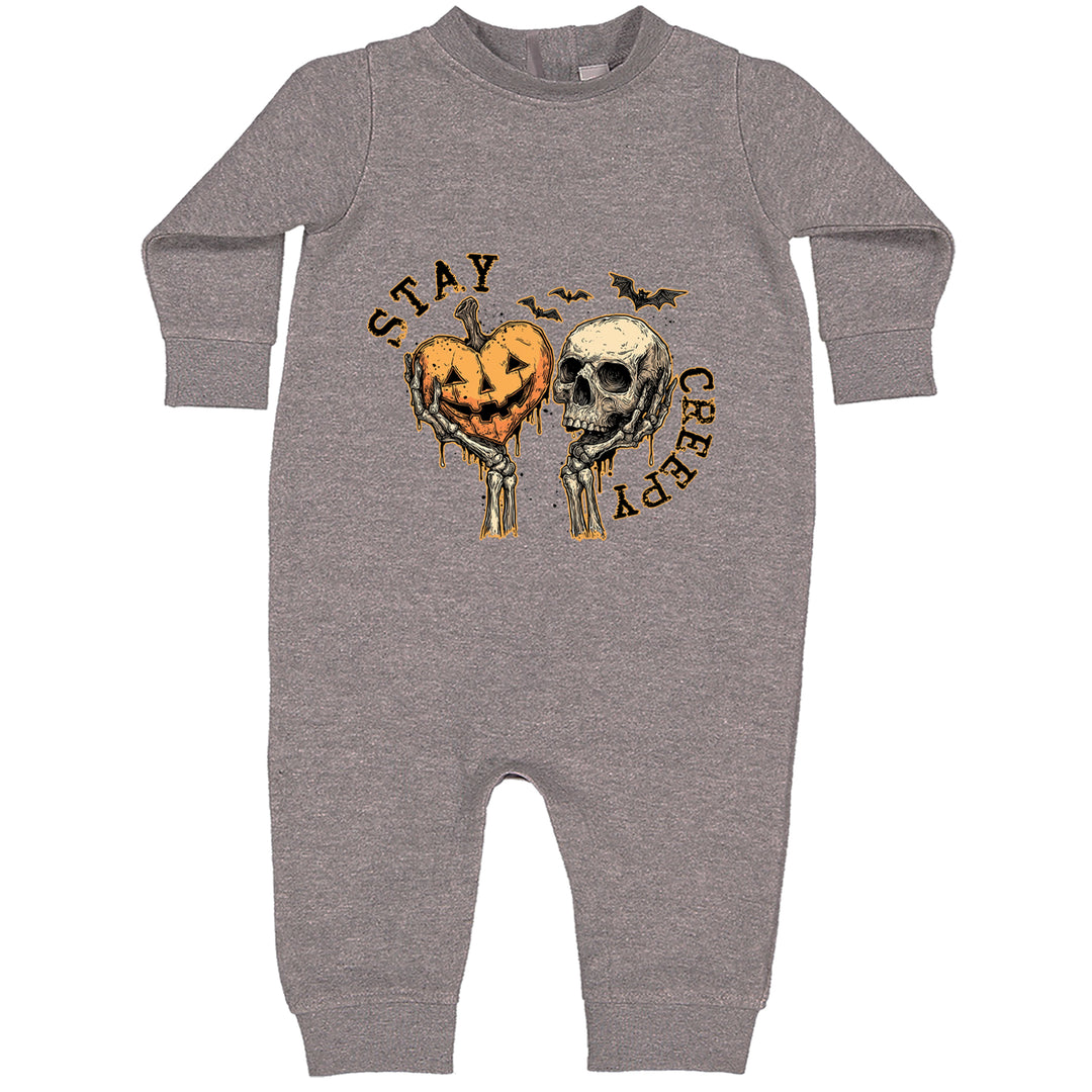 Stay Creepy Skull and Pumpkin Halloween Toddler Hoodie Or Infant Fleece Romper Heather Grey