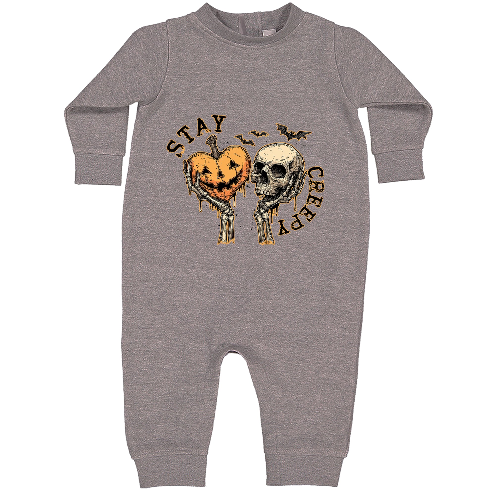 Stay Creepy Skull and Pumpkin Halloween Toddler Hoodie Or Infant Fleece Romper Heather Grey