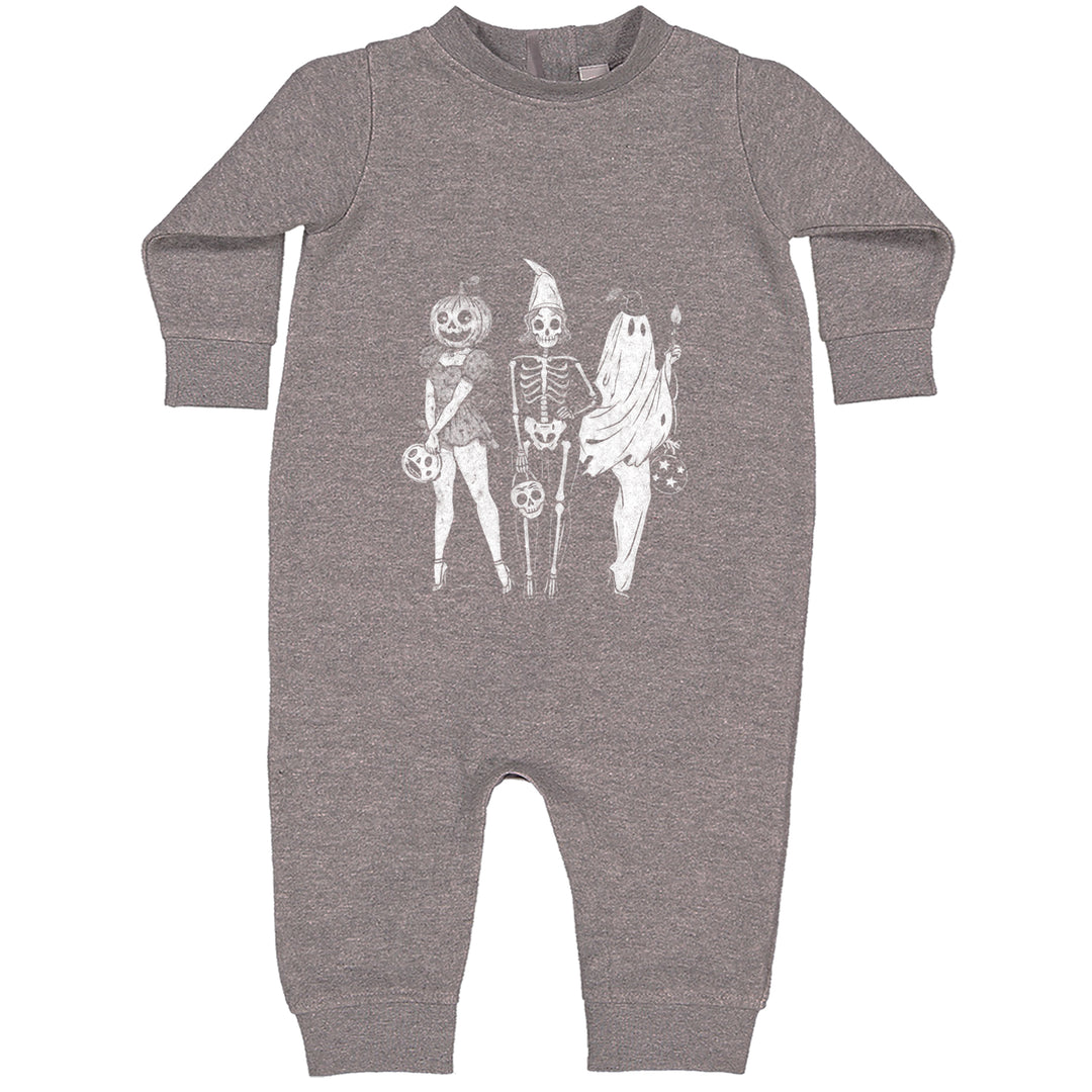 Vintage Spooky Squad Pinup Halloween Design Toddler Hoodie Or Infant Fleece Romper Heather Grey