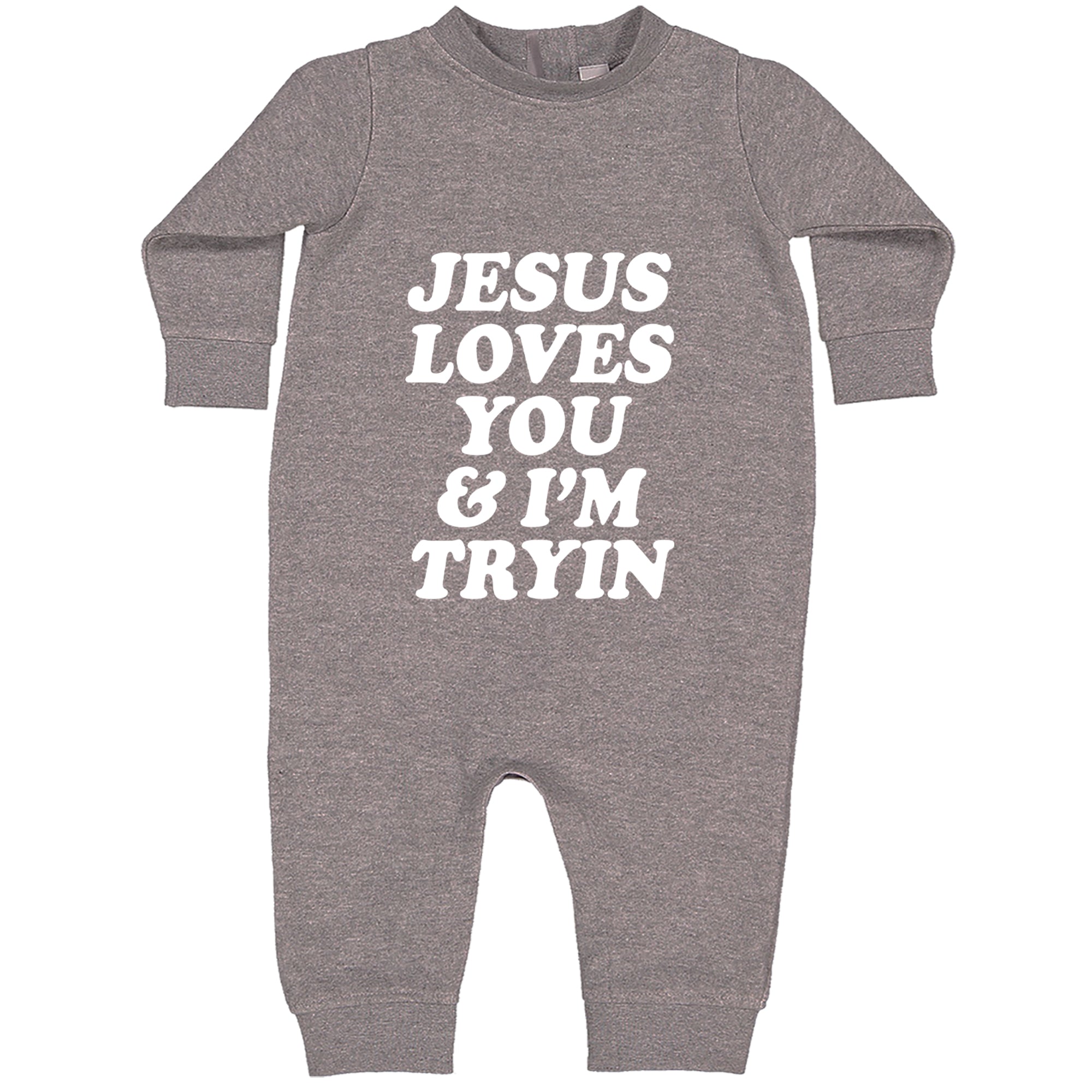 Jesus Loves You and I'm Trying Toddler Hoodie Or Infant Fleece Romper Heather Grey