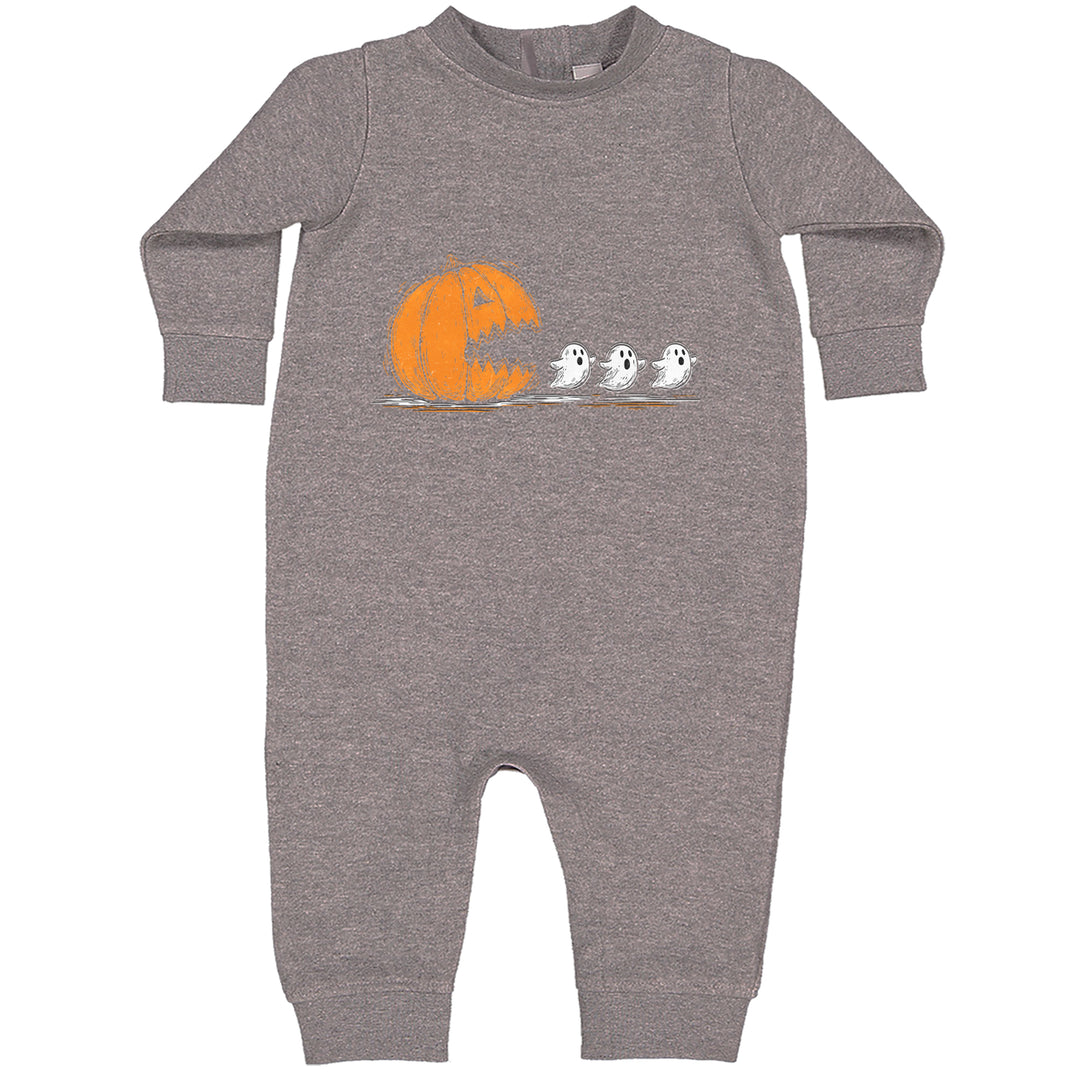 Pumpkin Pacman Chasing Ghosts Halloween Toddler Hoodie Or Infant Fleece Romper Heather Grey