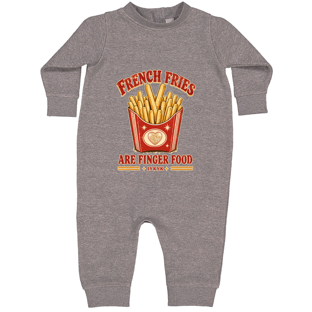 French Fries Are Finger Food IYKYK Toddler Hoodie Or Infant Fleece Romper Heather Grey