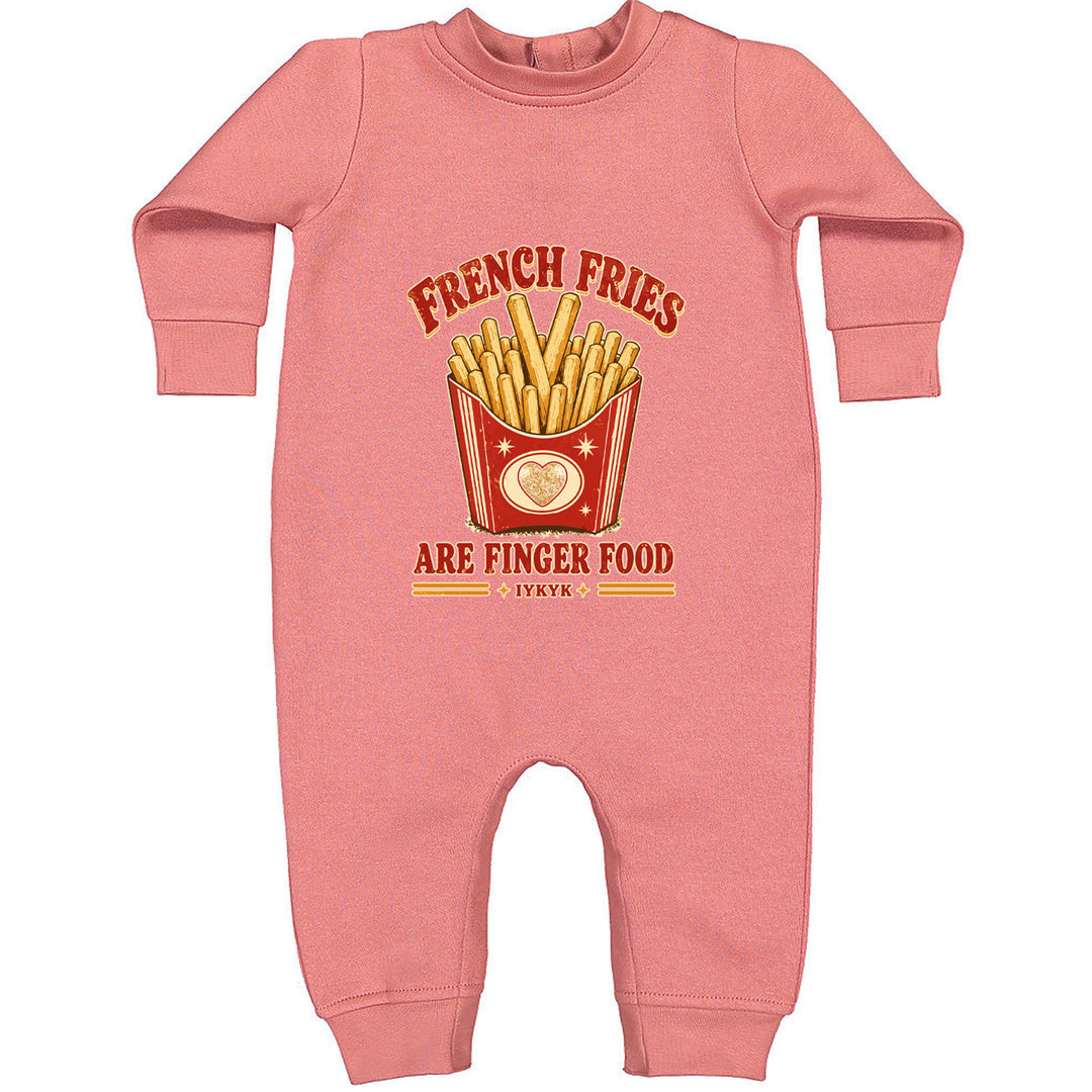 French Fries Are Finger Food IYKYK Toddler Hoodie Or Infant Fleece Romper Mauve
