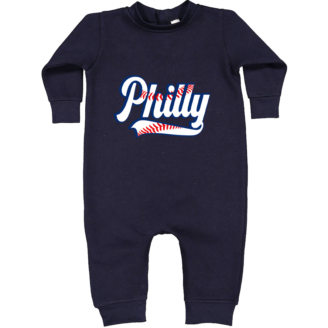 Philly Baseball Stitching graphic on Toddler Hoodie and Baby Fleece Onesie in Navy Blue alternate view 2