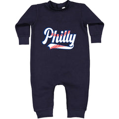 Philly Baseball Stitching graphic on Toddler Hoodie and Baby Fleece Onesie in Navy Blue alternate view 2