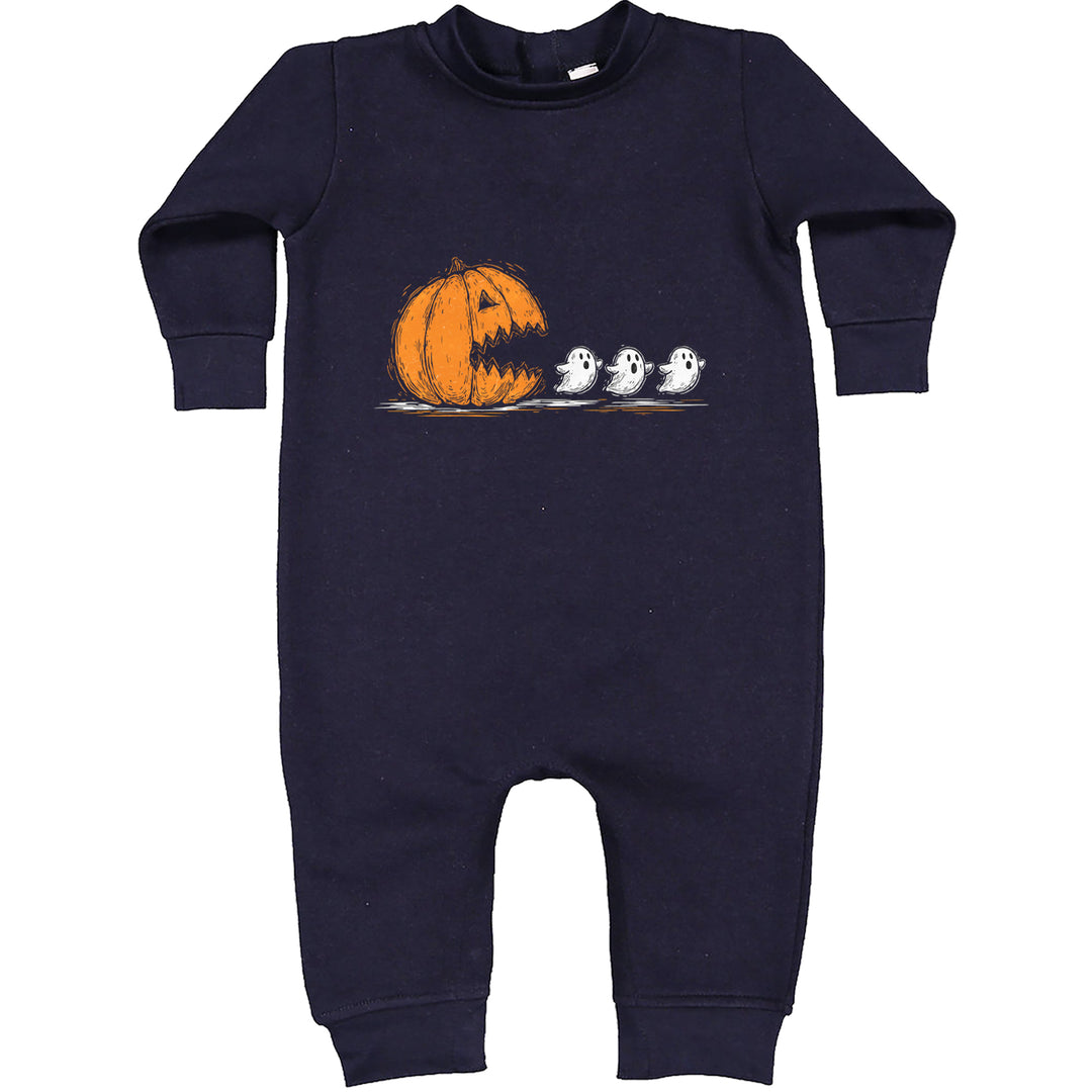 Pumpkin Pacman Chasing Ghosts Halloween Toddler Hoodie Or Infant Fleece Romper Navy Blue
