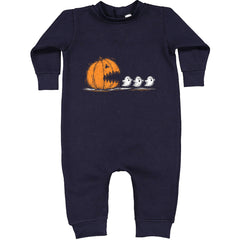 Pumpkin Pacman Chasing Ghosts Halloween Toddler Hoodie Or Infant Fleece Romper Navy Blue