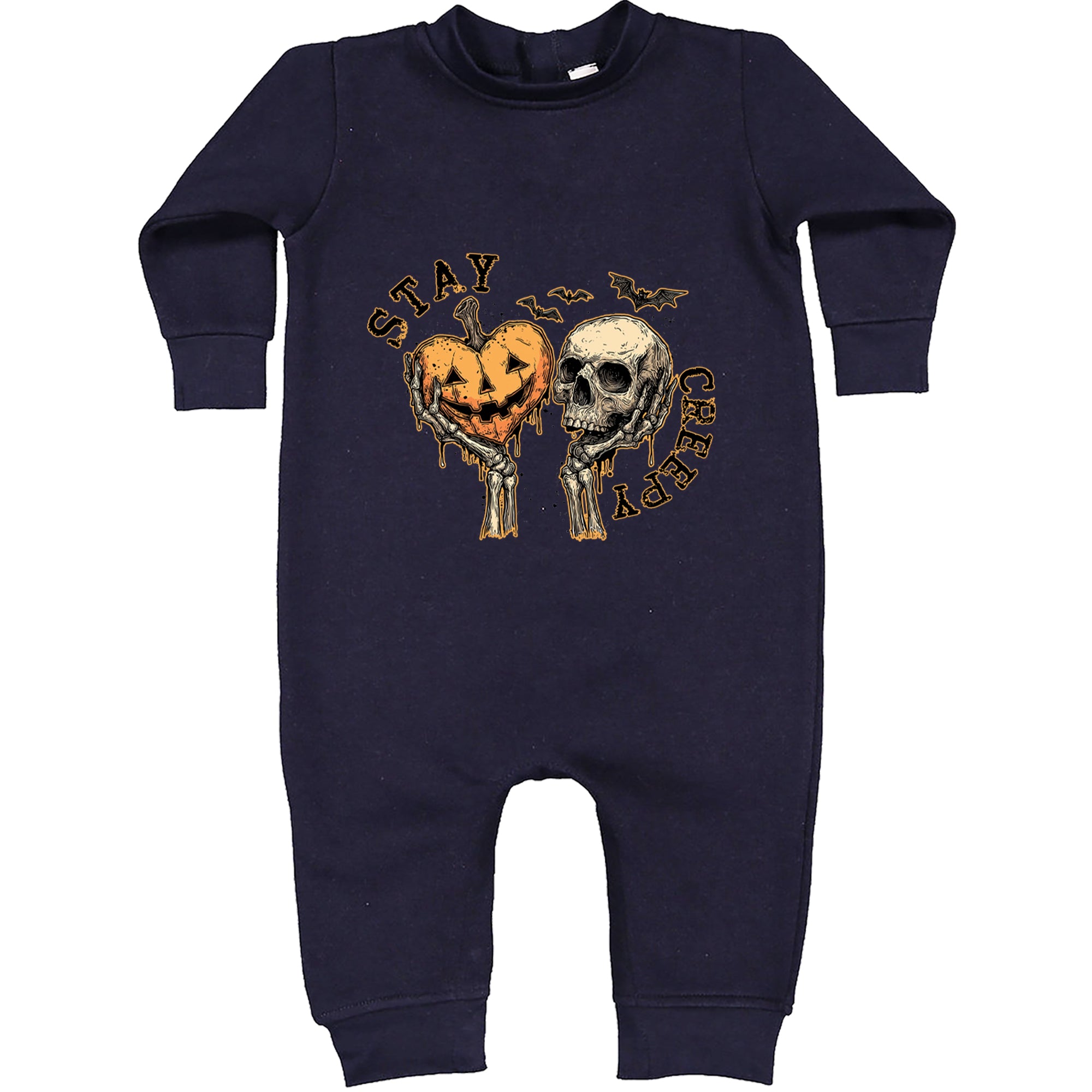 Stay Creepy Skull and Pumpkin Halloween Toddler Hoodie Or Infant Fleece Romper Navy Blue
