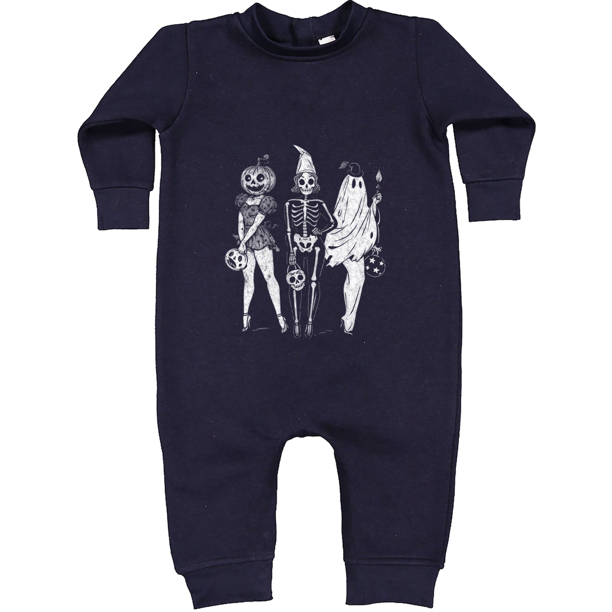 Vintage Spooky Squad Pinup Halloween Design Toddler Hoodie Or Infant Fleece Romper Navy Blue