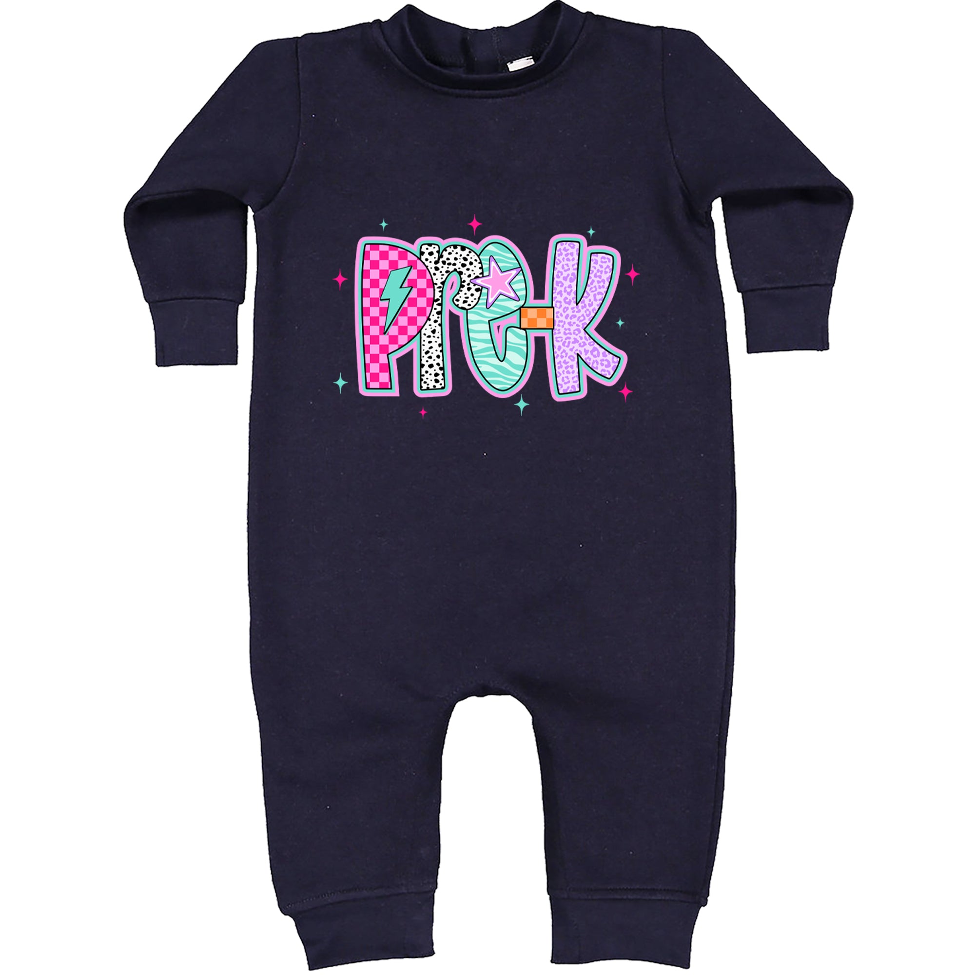 Pre-K Party Time Colorful Back to School Toddler Hoodie Or Infant Fleece Romper Navy Blue