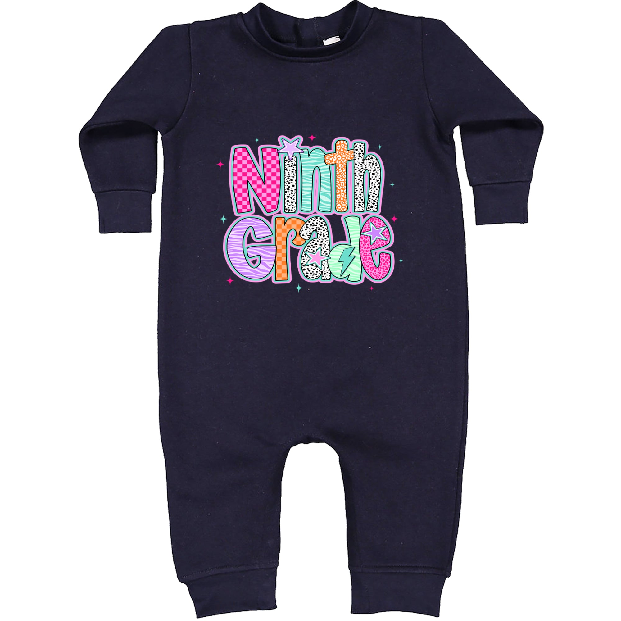 Ninth Grade Freshman Vibes Colorful Back to School Toddler Hoodie Or Infant Fleece Romper Navy Blue