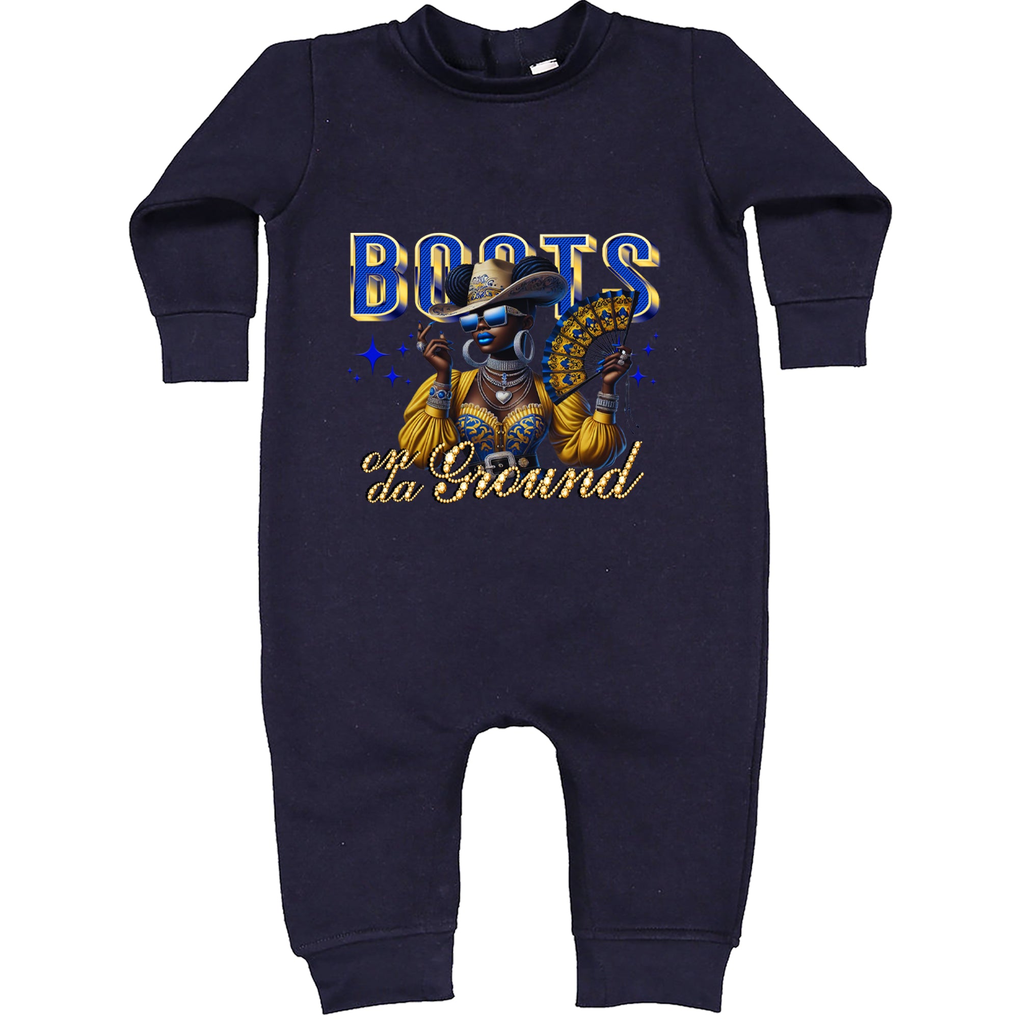 Boots On Da Ground Folding Fan Toddler Hoodie Or Infant Fleece Romper Navy Blue