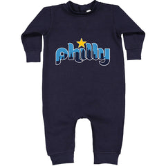 Skyline Philly Philadelphia graphic on Toddler Hoodie and Baby Fleece Onesie in Navy Blue alternate view 2