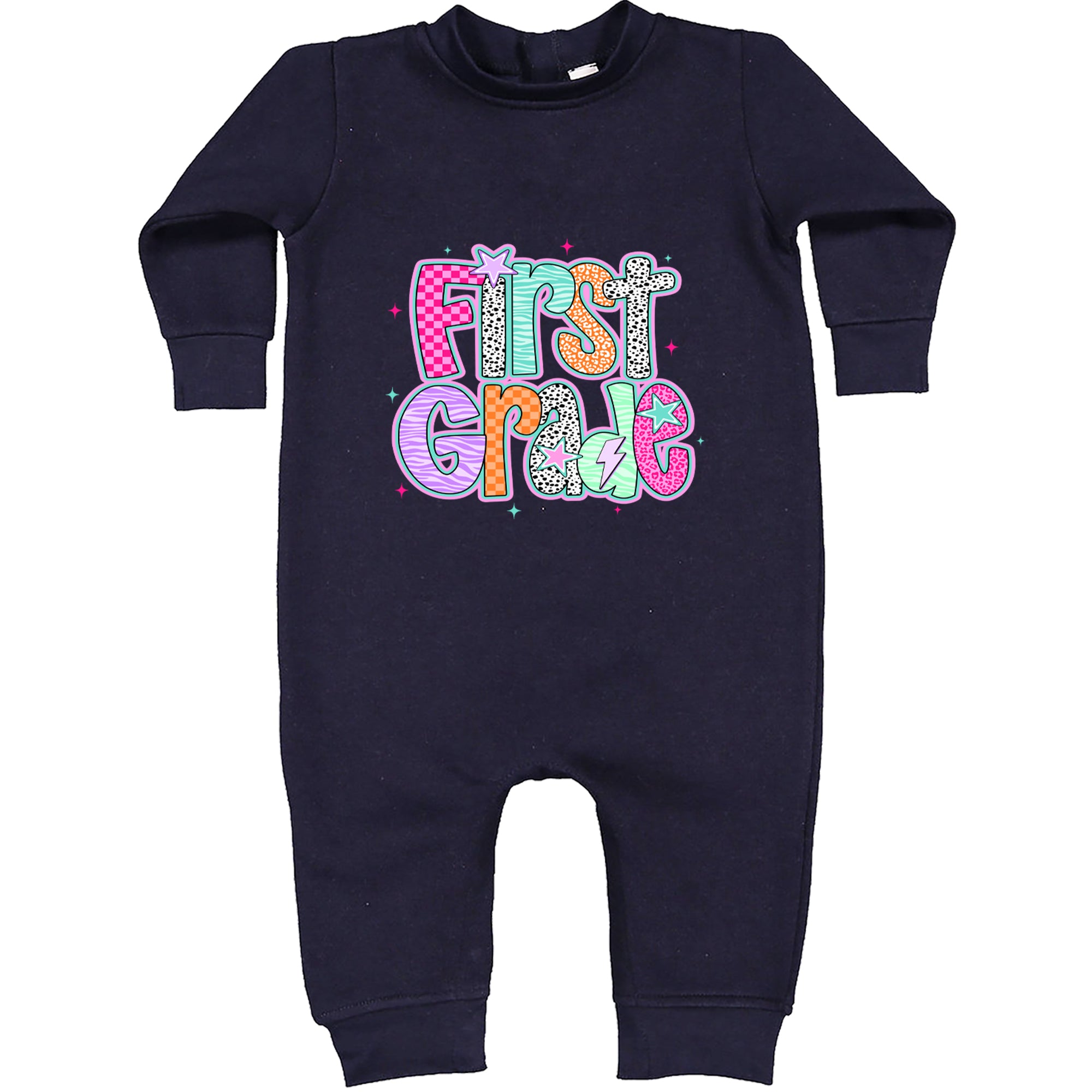 First Grade Vibes Colorful Back to School Toddler Hoodie Or Infant Fleece Romper Navy Blue