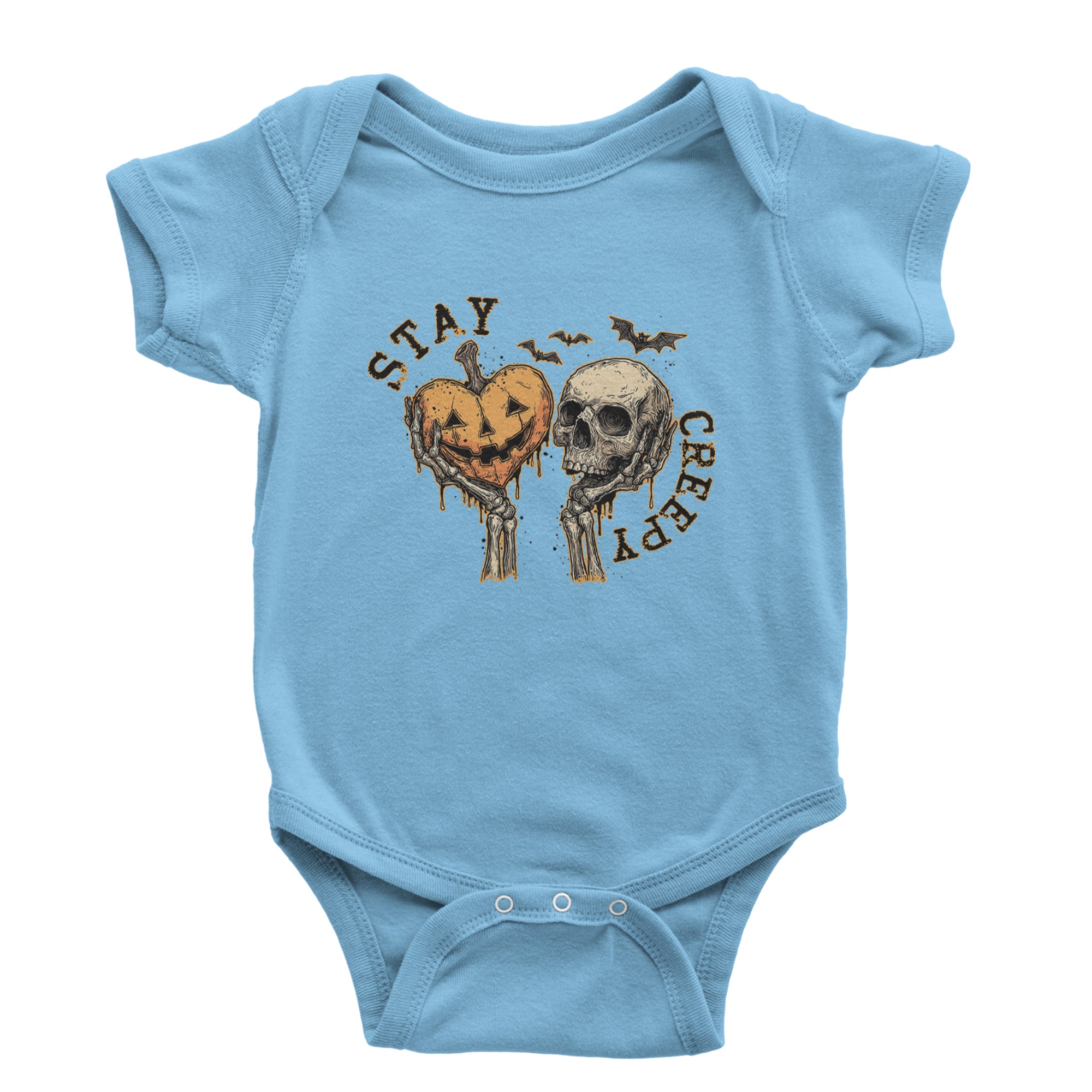 Stay Creepy Skull and Pumpkin Halloween Infant One-Piece Romper Bodysuit Or Toddler T-shirt Light Blue