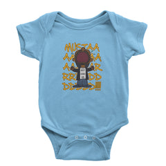 MUSTARD! Not Like Us Tv Off graphic on Onesie and Toddler T-Shirt in Light Blue